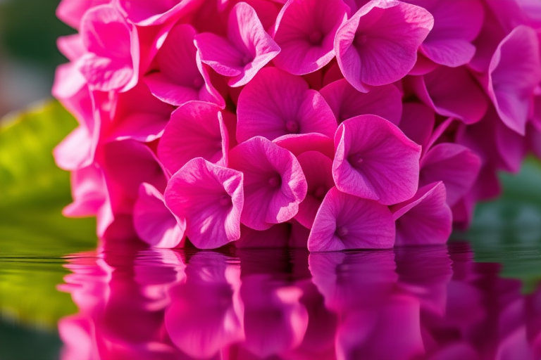 highly detailed close-up of vibrant pink hydrangeas with reflections in water, soft natural lighting, aperture f/2.8, ISO 100, shutter speed 1/200s, macro lens, digital camera