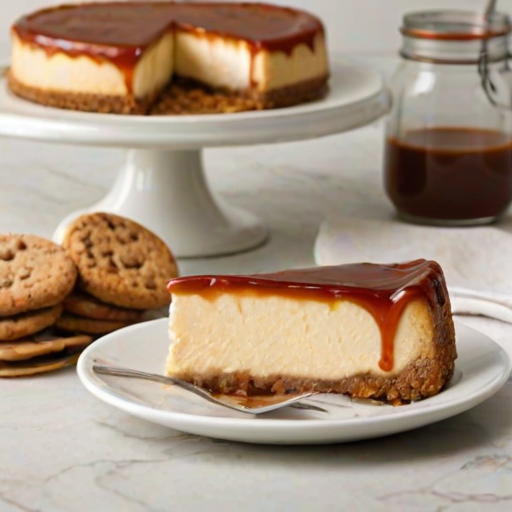 Create an image of a delicious cheesecake topped with a smooth layer of caramel sauce. The cheesecake should have a crumbly biscuit base and be garnished with crushed cookies on top. Include a jar of cookie spread in the background and some whole cookies arranged around the plate for decoration. The setting should be bright and inviting, showcasing the cheesecake as the main focus.