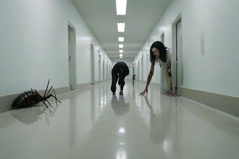 a crooked woman with long arms and a creepy smile is crawling along a long white corridor and you can also see cockroaches in it there is a creepy atmosphere creepy art style