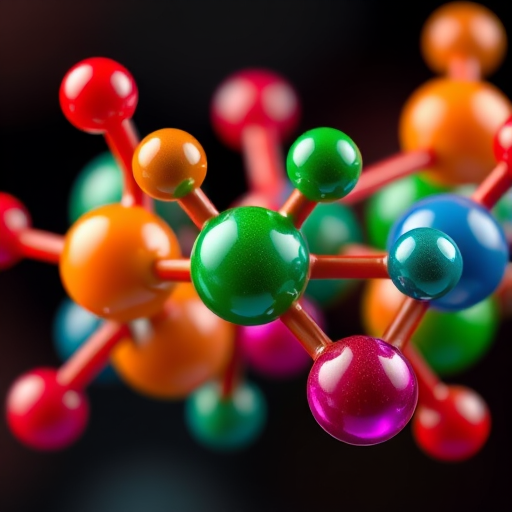 Generate a 3D molecular structure with glossy spheres in vibrant colors: red, orange, green, blue, and purple; use a Canon EOS 5D Mark IV, f/8 aperture, 1/250 sec shutter speed, ISO 100, with a macro lens, and set to a soft focus background for an enhanced image quality.