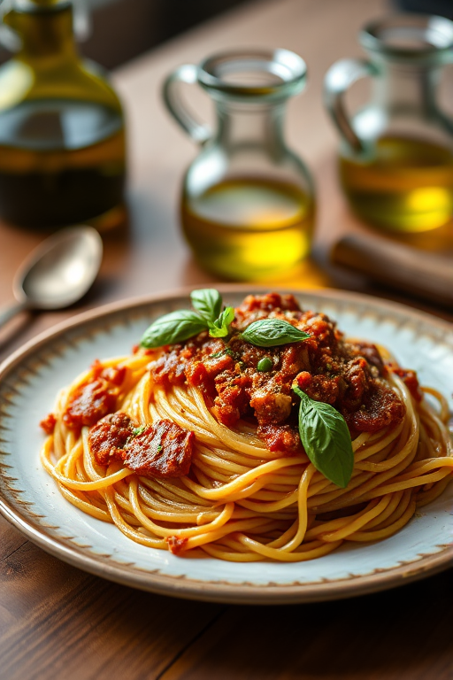 a plate of spaghetti with bolognese sauce and fresh basil, with a glass jar of olive oil and a spoon on a wooden table, soft natural lighting, aperture f/2.8, shutter speed 1/60s, 50mm lens, DSLR camera, focus on the pasta with a blurred background