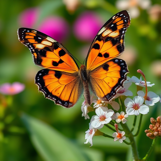 Create a vibrant close-up image of a butterfly perched on delicate flowers, showcasing intricate patterns on its wings in shades of orange, black, and white. The background should be filled with lush greenery and softly blurred floral elements to enhance the focus on the butterfly.