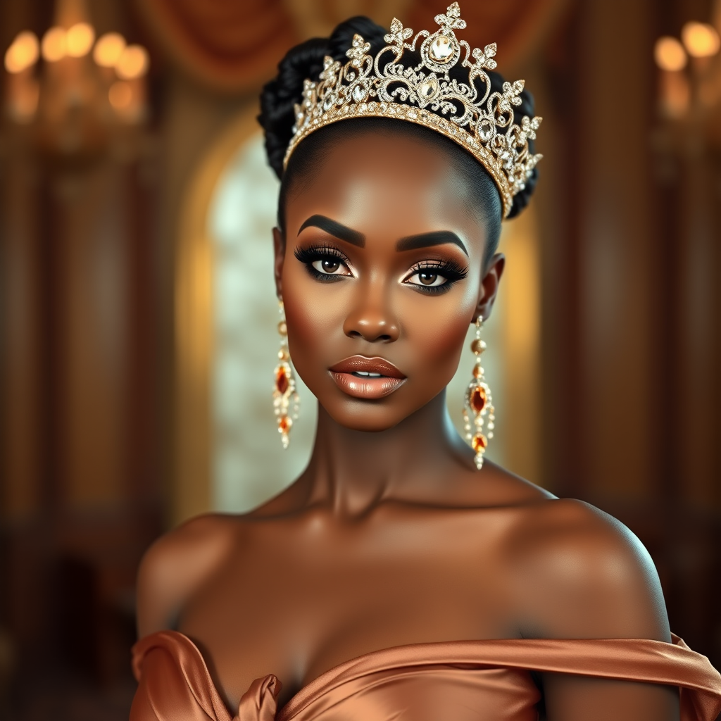 A gorgeous African American woman in a luxurious brown gown, accessorized with a dazzling tiara and statement earrings, her deep white eyes highlighted by impeccable makeup, poised in a royal setting, photorealistic, 8K quality