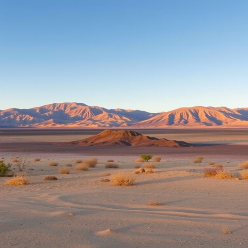 desert landscape with volcanic mountains in the distance, clear sky, vibrant colors, wide-angle view, ISO 100, aperture f/11, shutter speed 1/250s, DSLR camera, natural lighting