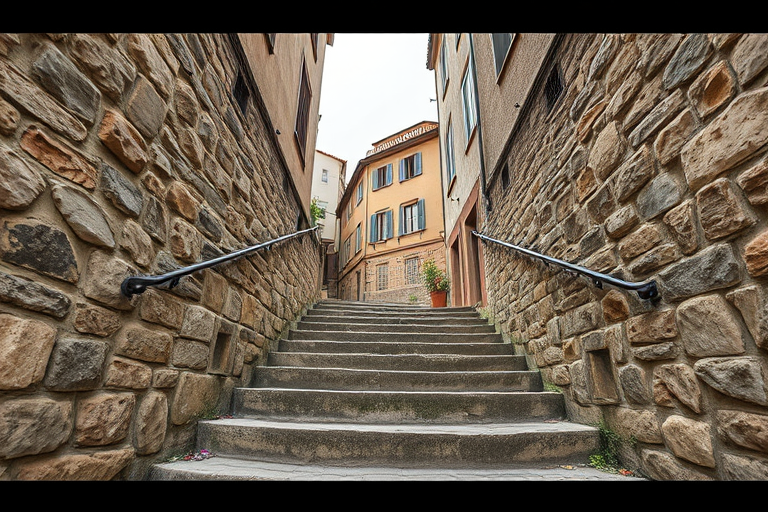 regenerate the image of a rustic stone staircase leading to a cobblestone street with buildings in the background, use a DSLR camera, aperture f/8, ISO 100, shutter speed 1/125, wide-angle view, HDR photography style