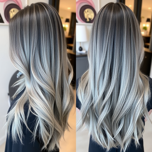 Dramatic silver and charcoal balayage called "Smoky Quartz" blends seamlessly through long, sleek strands, creating a sophisticated and edgy look with multidimensional depth