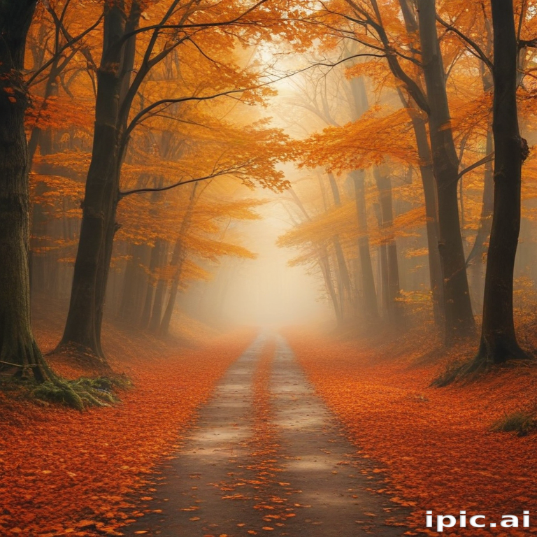 Enchanting Autumn Pathway Through a Misty Forest of Golden Leaves