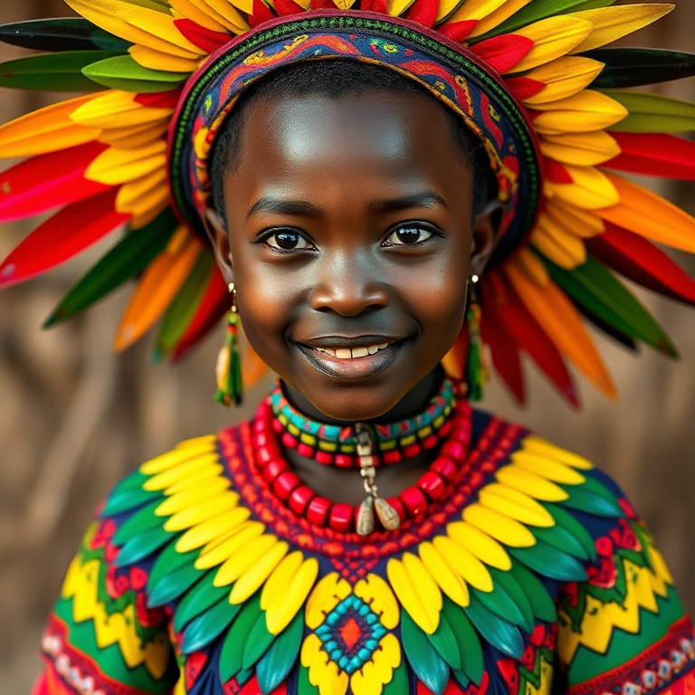 A beautiful Garifuna girl, wearing colorful bird clothing with vibrant colors
