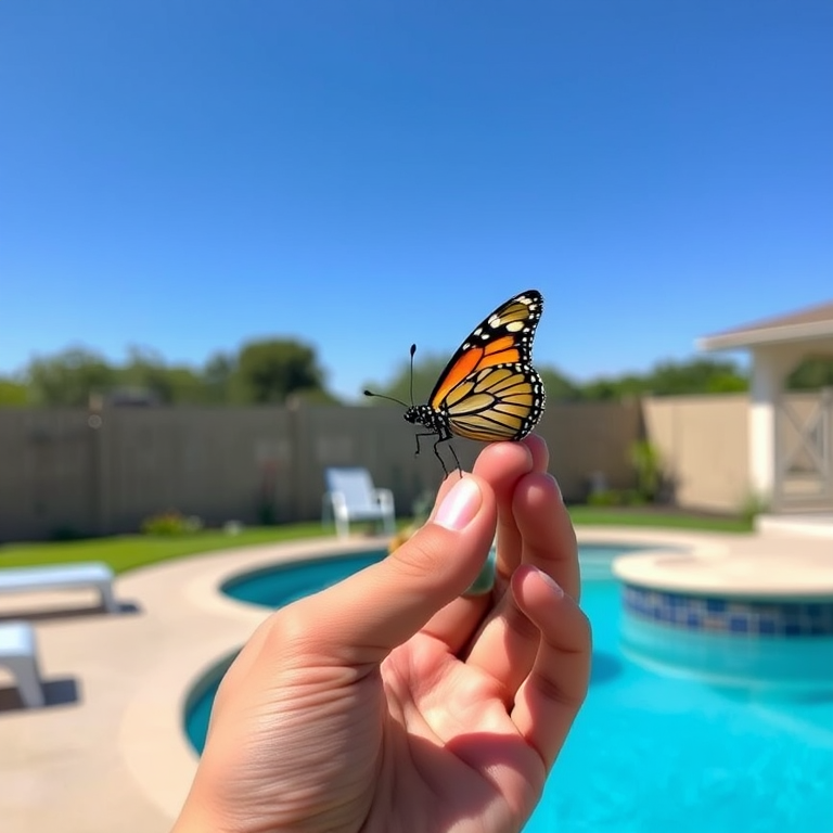 Generate an image of a hand gently holding a butterfly against a clear blue sky. The setting includes a sunny backyard with a swimming pool in the background. The focus is on the butterfly and the hand, capturing a moment of connection with nature.