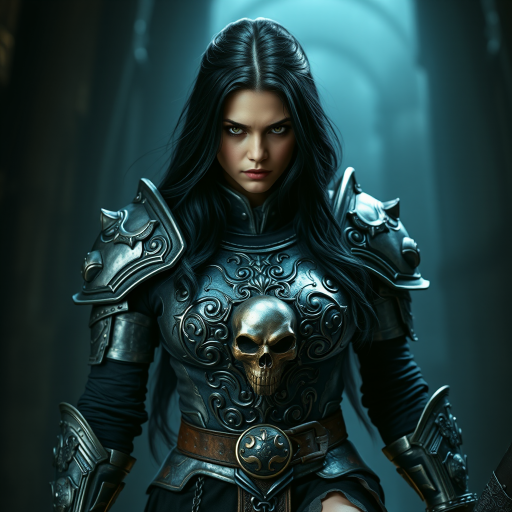 Create a photo of a fierce female warrior with long black hair, wearing an ornate, metallic armor. The armor includes a breastplate with intricate designs, shoulder guards, and gauntlets. The breastplate is decorated with a central emblem, possibly representing a mythical symbol, and has a sculpted, form-fitting design. She wears a belt with a large skull ornament at the center, and her armor extends into a partial skirt, revealing one leg. The overall look is both protective and stylish, with a dark, gothic aesthetic. The background is dimly lit, suggesting a medieval or fantasy setting, enhancing the warrior's imposing presence and intense expression.