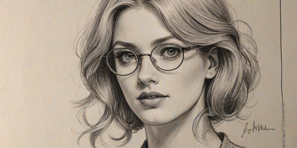 Wonderful Katherine McNamara, pencil sketch, portrait of Fetching woman 1928s in glasses, hair style beatnik, outline, clear lines, fine lines, 8k