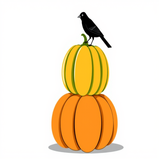 a stylized illustration of three stacked pumpkins in varying shades of green and orange, with a black bird perched on the top pumpkin, set against a neutral background