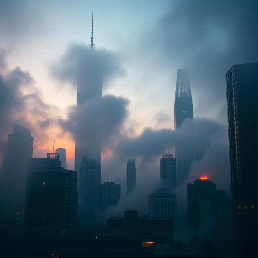 Generate a dystopian cityscape at dusk with towering skyscrapers shrouded in fog, featuring hints of fire in the foreground, shot with a Canon EOS R5, 24mm lens, f/2.8 aperture, ISO 100, with dramatic lighting and high dynamic range for enhanced detail.
