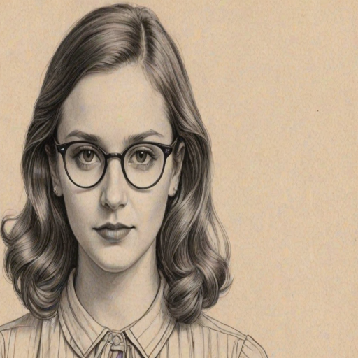 Alluring Maude Apatow, pencil sketch, portrait of Superb woman 1935s in glasses, hair style beatnik, outline, clear lines, fine lines, 8k