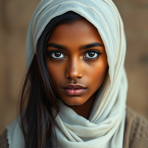 Create a portrait of a young Nubian female with long, dark hair and captivating hazel eyes. She is wearing a white headscarf and a matching scarf draped gracefully around her neck. The background is softly blurred, focusing attention on her serene and natural expression. The overall color palette is muted and warm, enhancing the intimate and authentic feel of the portrait.