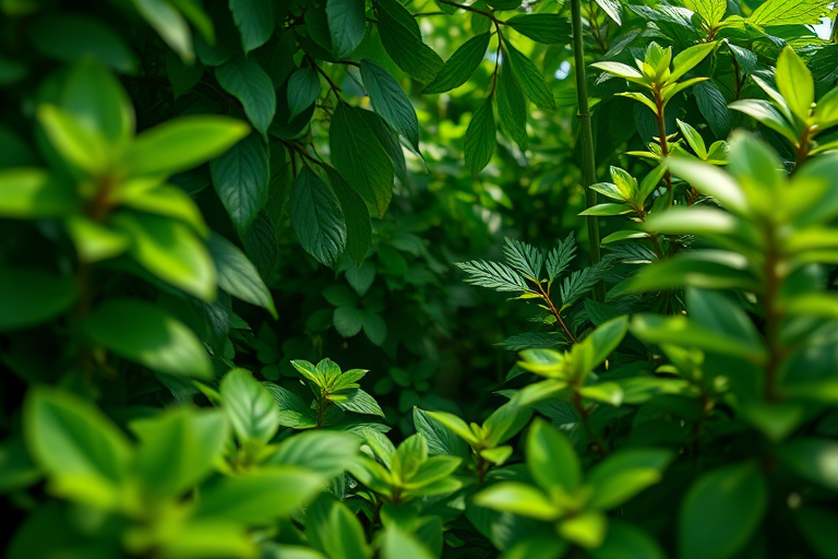 Create a vibrant, high-resolution circular illustration of various green leaves and plants in a lush environment with soft, diffused lighting captured using a DSLR camera with a 50mm lens, f/2.8 aperture, ISO 100, and shallow depth of field for enhanced detail and depth.