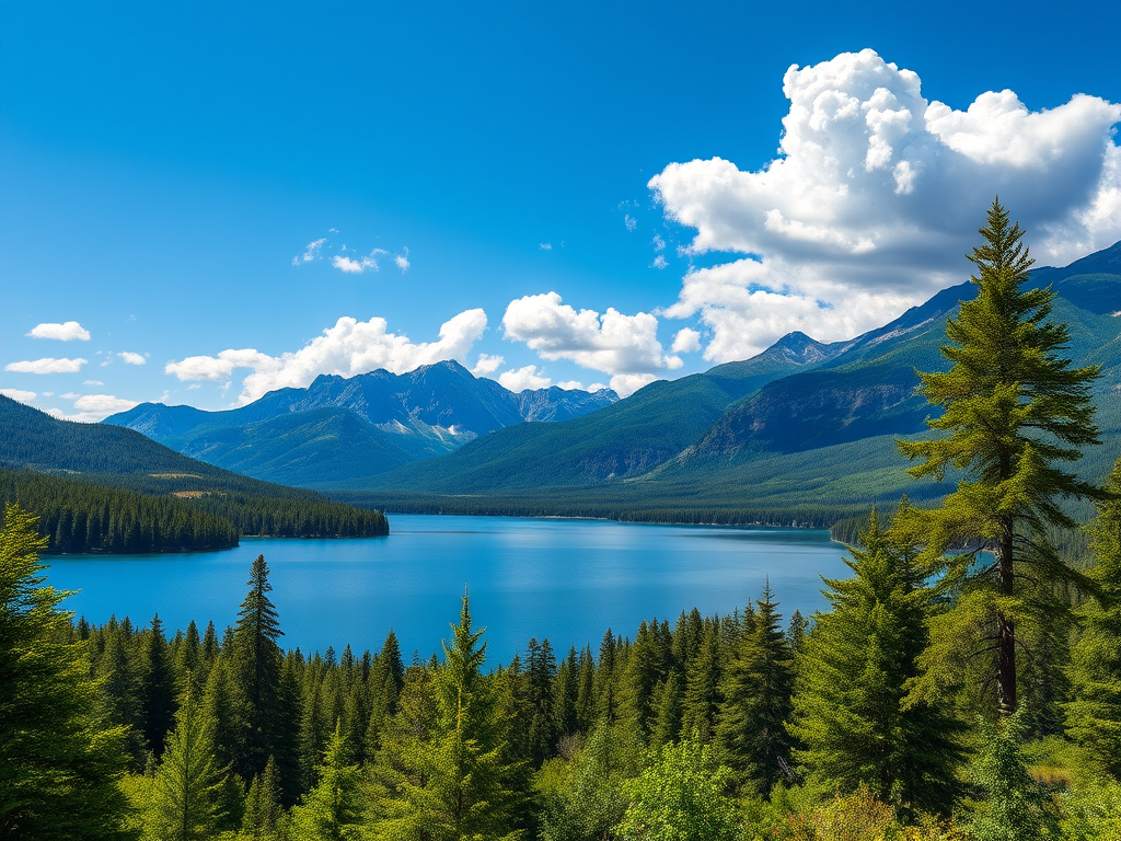 landscape of a serene lake surrounded by lush green forests and majestic mountains in the background, bright blue sky with fluffy white clouds, taken with a Canon EOS R5, 24mm lens, f/8 aperture, ISO 100, 1/200 sec shutter speed, shot in landscape orientation for vibrant colors and sharp details