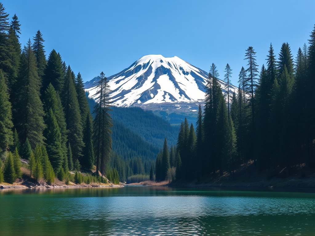Capture a high-resolution image of a snow-capped mountain surrounded by tall evergreen trees and a serene lake in the foreground using a DSLR camera, 24mm lens, f/8 aperture, ISO 100, 1/250 sec shutter speed, shot from a slightly elevated angle in natural daylight.