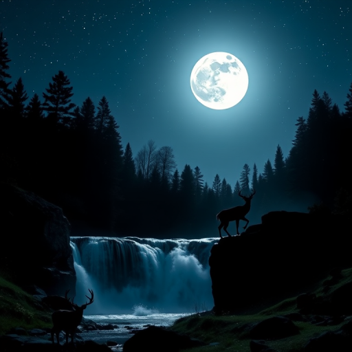 Generate a serene night landscape featuring a silhouetted deer near a waterfall under a full moon with a starry sky, using a DSLR camera with a 50mm lens, aperture set to f/2.8, ISO 400, and a low angle view to enhance depth and detail.