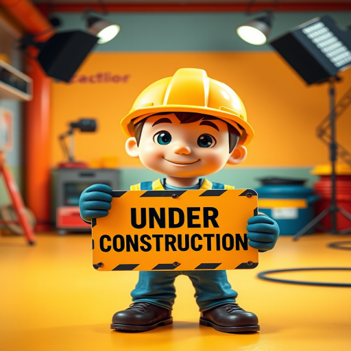 Generate an image of a cartoon construction worker holding an "Under Construction" sign, using a 50mm lens, f/8 aperture, ISO 100, in a bright and colorful studio setting with softbox lighting.