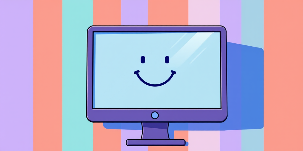 Create a vibrant digital illustration of a computer monitor with a blue screen featuring a simple smiley face, using a 50mm lens, aperture f/8, ISO 100, top-down view, and a digital art style for high quality and clarity.