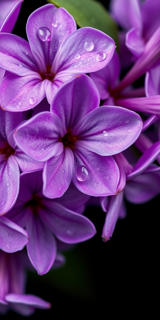 Create a close-up image of purple lilac flowers with droplets of water clinging to the petals, capturing the textures and vibrant colors against a dark background.