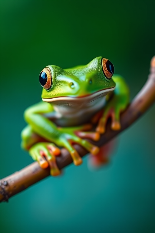 Close-up of a vibrant green frog perched on a branch, captured with a DSLR camera, aperture f/2.8, shutter speed 1/250s, ISO 100, natural soft lighting, shallow depth of field for a blurred background.
