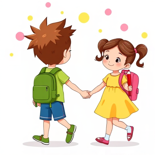Generate an illustration of two cartoon children walking hand in hand, one boy with spiky hair wearing a green backpack and blue shorts, and one girl with pigtails wearing a yellow dress with a pink backpack holding a red pencil, vibrant colors with a playful background of colorful dots, shot with a Canon EOS R5, 50mm lens, f/2.8 aperture, ISO 100, natural light.