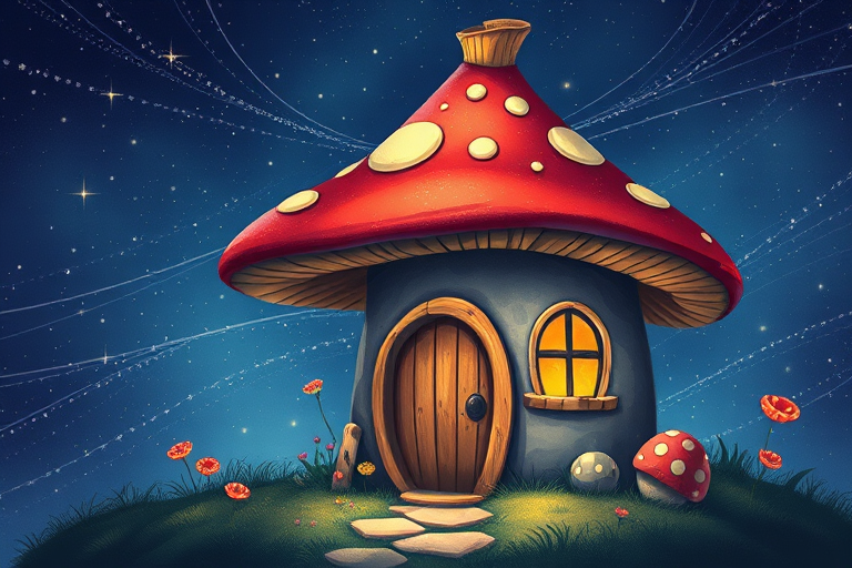 design illustration of a mushroom house with a door and a window, a storybook , fantasy art, mushroom house, bg starry sky, sparkles