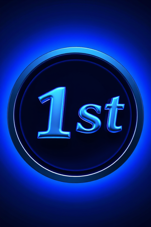 Create a high-resolution digital image of a glossy blue and silver 3D text "1st" inside a circular frame with a gradient background, using a DSLR camera with a 50mm lens, aperture f/1.8, ISO 100, and a shallow depth of field to enhance clarity and detail.