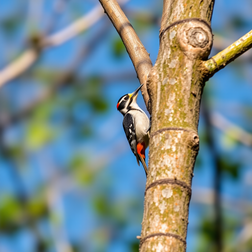Capture a sharp image of a woodpecker on a tree trunk, using a DSLR camera with a 200mm lens, aperture set to f/4 for a shallow depth of field, ISO 200 for clear details, and a shutter speed of 1/1000 sec in bright daylight, focusing on the bird with a blurred blue sky background to enhance the quality.