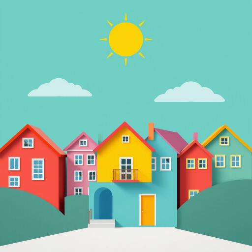 Create a vibrant digital illustration of colorful houses against a solid teal background, emphasizing geometric shapes and a stylized sun with a pastel color palette, captured with a Canon EOS R5, 24-70mm lens, f/11, ISO 100, soft focus view for enhanced detail and clarity.