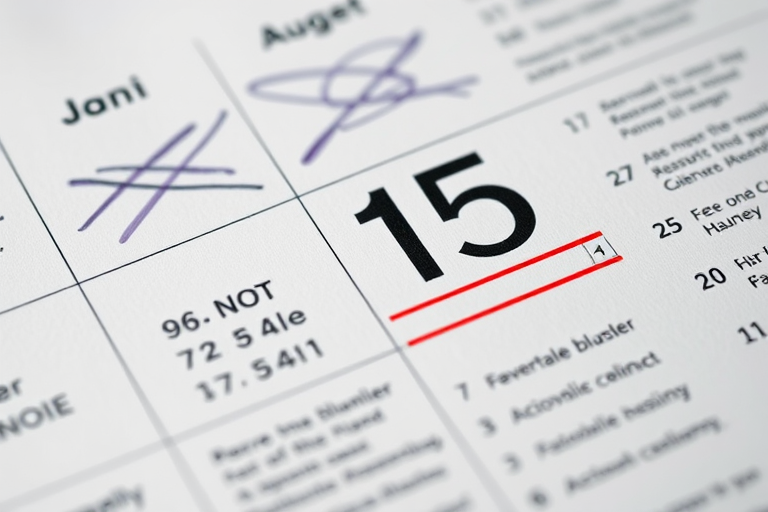 Create an image of a calendar page showing crossed-out dates and notes, with the date '15' prominently highlighted, taken with a DSLR camera at f/2.8 aperture, 1/60 sec shutter speed, ISO 100, in macro view with natural lighting to enhance clarity and detail.