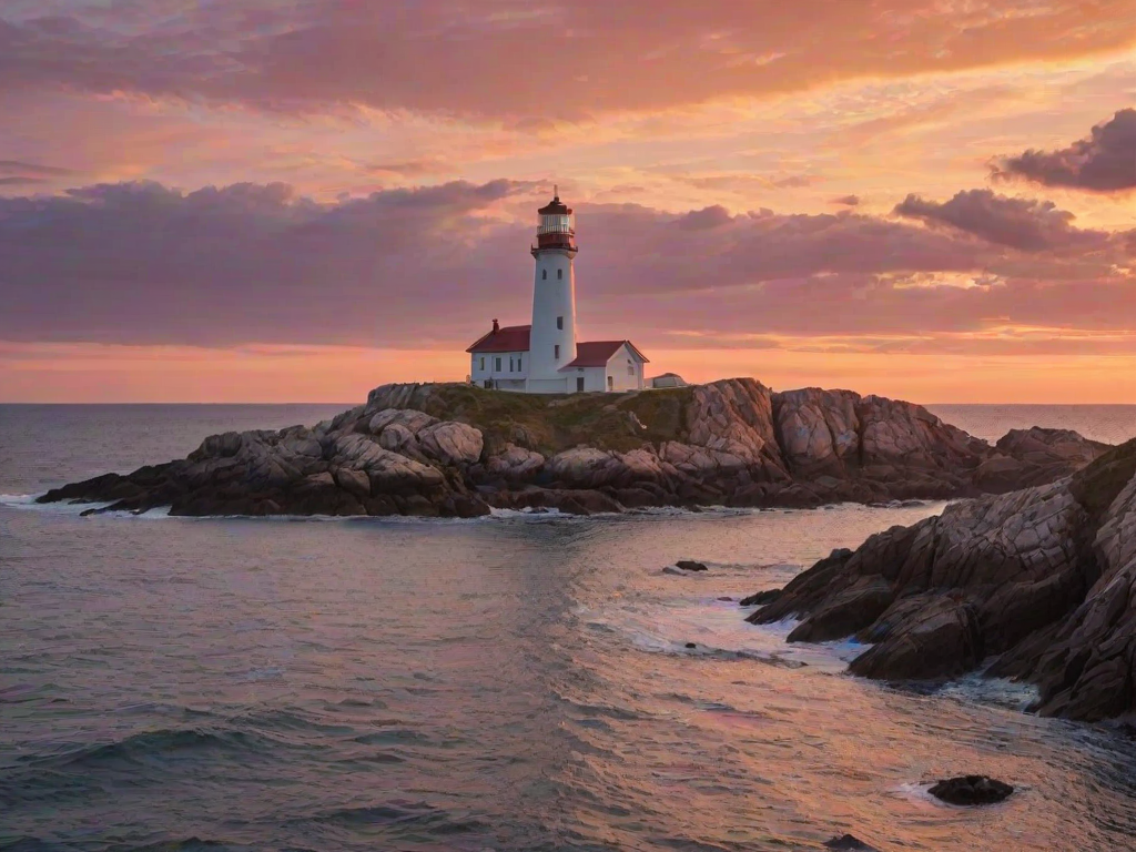 Generate an image of a tall lighthouse perched on a rocky outcrop surrounded by calm ocean waters during a breathtaking sunset. The lighthouse stands sturdy and weathered, its stone surface illuminated by the warm golden light of the setting sun. The sun's rays pass directly through the glass lantern room at the top of the lighthouse, casting a brilliant light across the scene. The sky is painted with vibrant shades of orange, pink, and purple, reflecting off the tranquil sea. The surrounding water shimmers with the same warm hues, creating a serene and majestic atmosphere.
