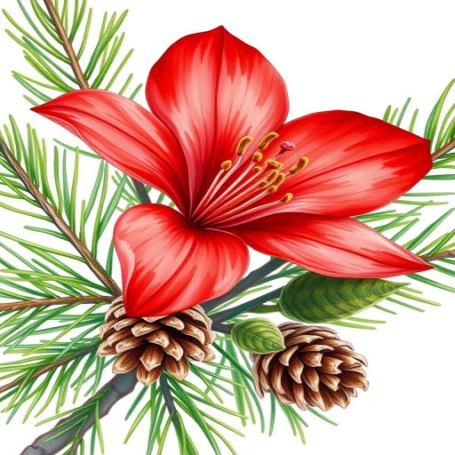 Create a vibrant watercolor illustration of a red flower with green leaves and pine cones, captured with a Canon EOS R5, 50mm f/1.2 lens, f/2.8 aperture, ISO 100, natural light for enhanced color richness and detail.
