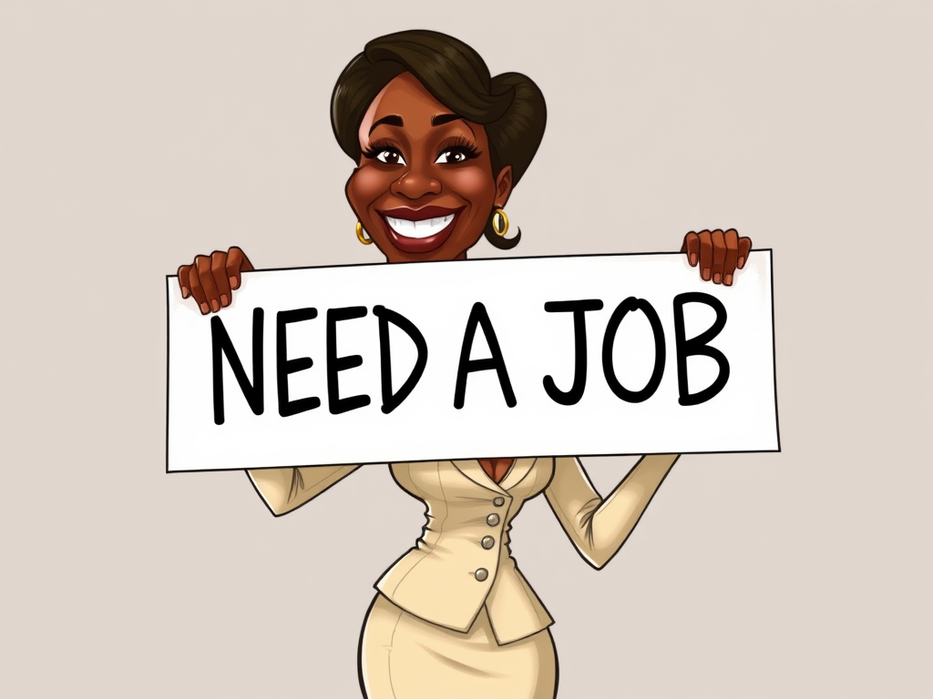 caricature of a smiling Angela Bassett in a Cream dress or suit, holding up a sign that says "NEED A JOB", no watermark,
