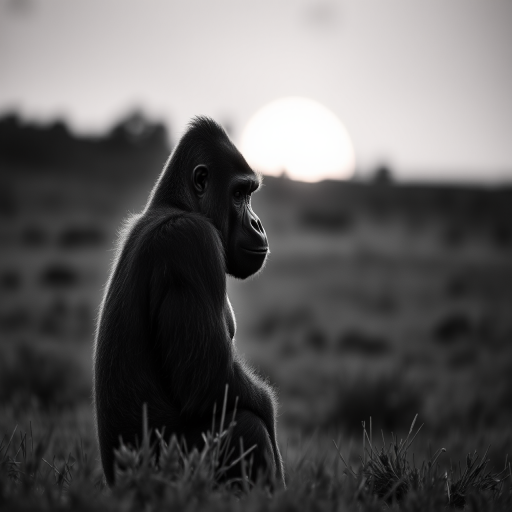 capture a solitary gorilla in profile on a grassy landscape during golden hour using a DSLR camera with a 50mm lens, aperture f/2.8, shutter speed 1/500s, ISO 200, shallow depth of field, high contrast black and white style