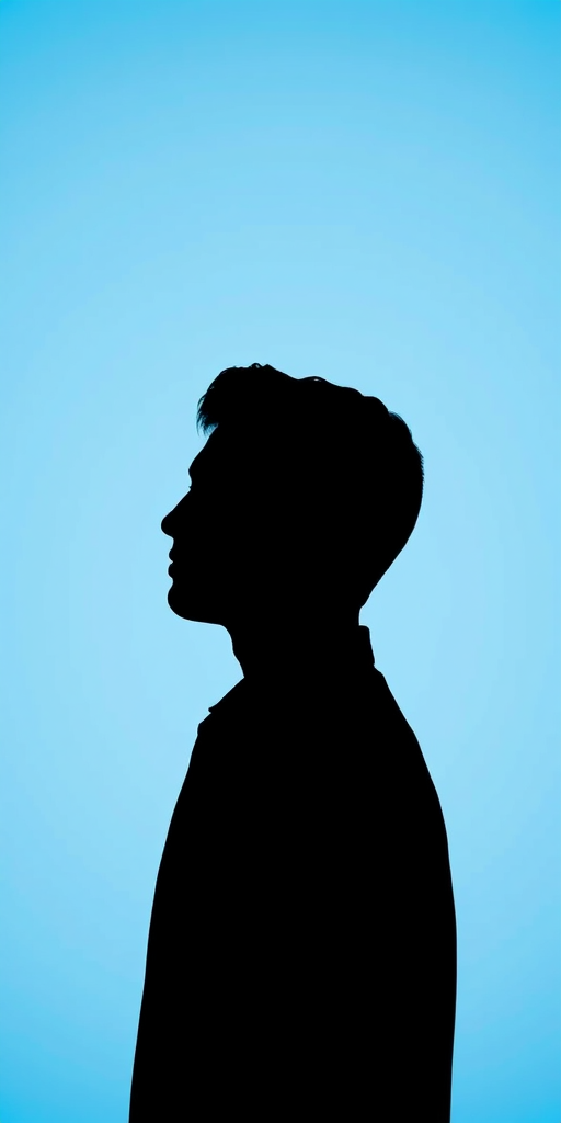 Create a high-resolution image of a minimalistic avatar silhouette against a soft blue background with a Canon EOS R5 camera, 85mm lens, f/1.8 aperture, ISO 100, and soft diffused lighting for even tones.