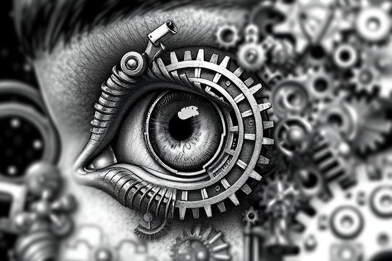 Create a surreal black and white illustration featuring a human eye merging with intricate mechanical gears, using a DSLR camera with a 50mm lens, aperture f/1.8, ISO 100, and a soft-focus effect to enhance details and depth.
