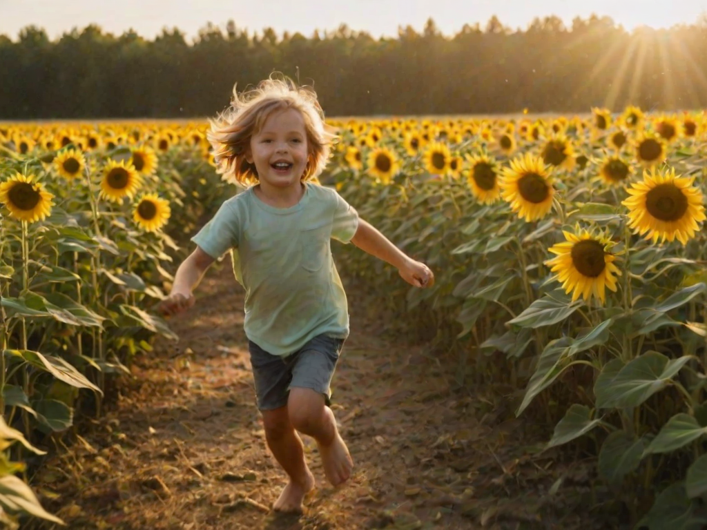 Blurry shot of a child running through a sunflower field, arms outstretched, the vibrant yellow petals and soft green leaves swirling in motion, with soft golden sunlight streaming from behind.