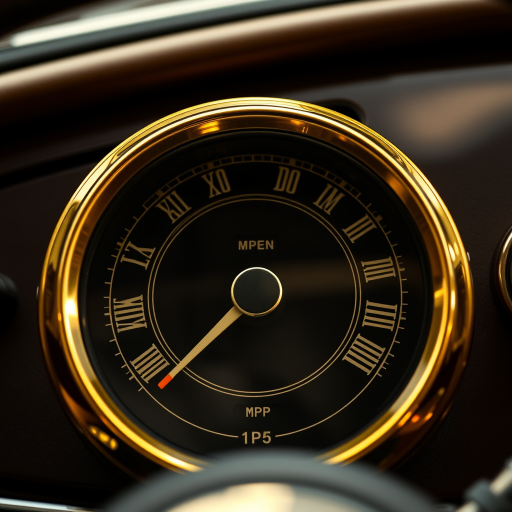Create a highly detailed close-up image of a vintage speedometer with a gold frame, showcasing a black needle pointing to 60 MPH, with Roman numerals, illuminated background, taken with a DSLR camera at f/2.8, ISO 100, 50mm lens, set in a studio lighting environment.