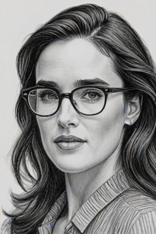 Beauteous Jennifer Connelly, pencil sketch, portrait of Beauteous woman 1941s in glasses, hair style beatnik, outline, clear lines, fine lines, 8k
