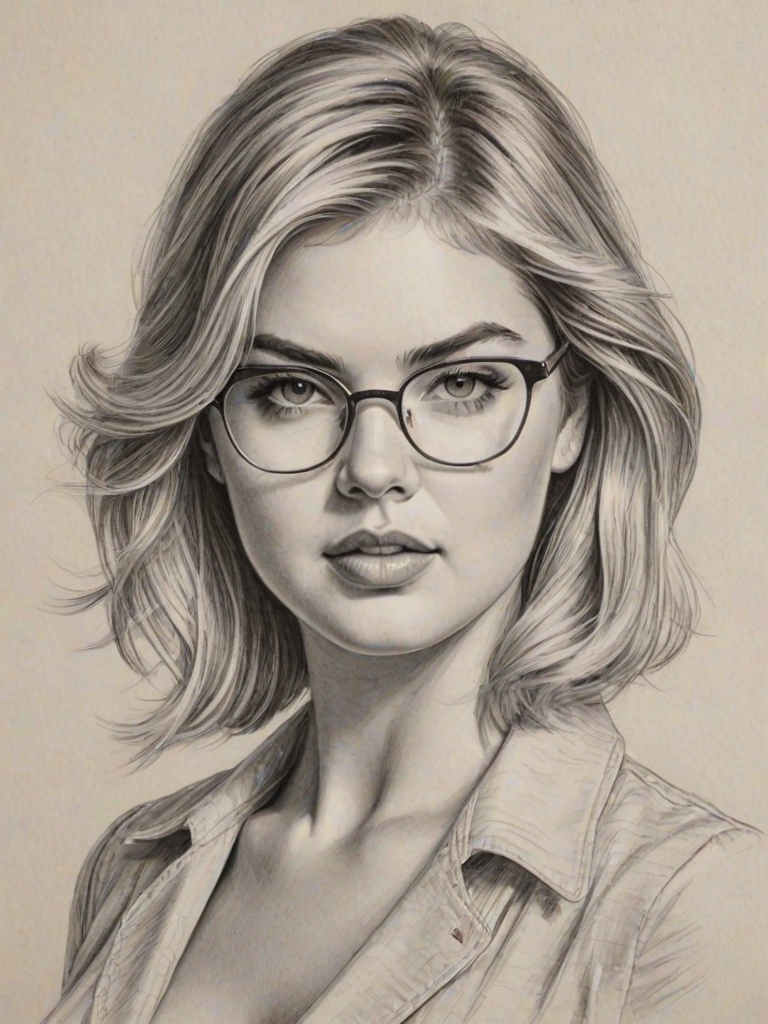 Attractive Kate Upton, pencil sketch, portrait of Superb woman 1927s in glasses, hair style beatnik, outline, clear lines, fine lines, 8k