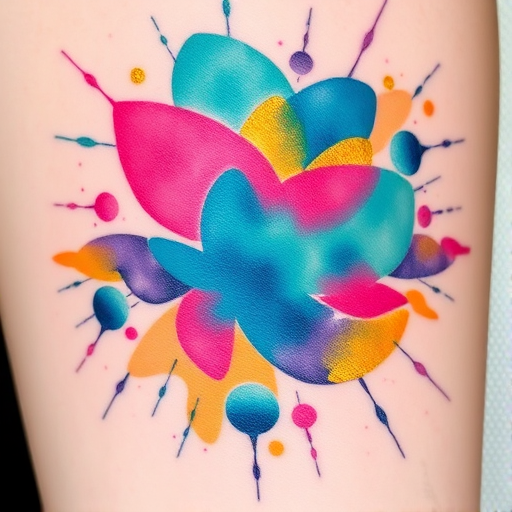 Vibrant watercolor splashes form an intricate "Chromatic Symphony" tattoo, blending hues of teal, magenta, and gold in a fluid, abstract design. Delicate brushstrokes create a sense of movement, while fine black linework adds depth and definition to the colorful chaos. This bold and expressive piece showcases the artist's mastery of color theory and freeform style.