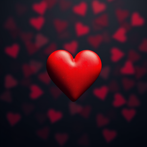 create a vibrant red heart on a black background with high contrast, using a DSLR camera, 50mm lens, f/1.8 aperture, ISO 100, natural lighting, focus on the heart with a soft bokeh effect in the background
