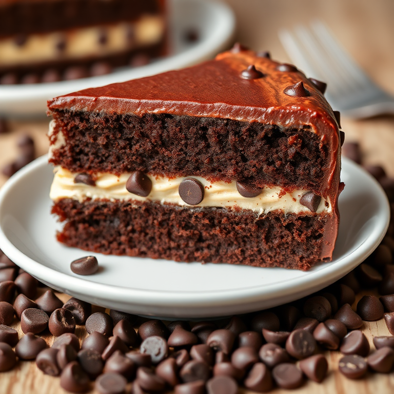 A slice of rich chocolate cake with layers of creamy frosting and a light fluffy filling featuring chocolate chips on a white plate surrounded by chocolate chips and a fork in the background.