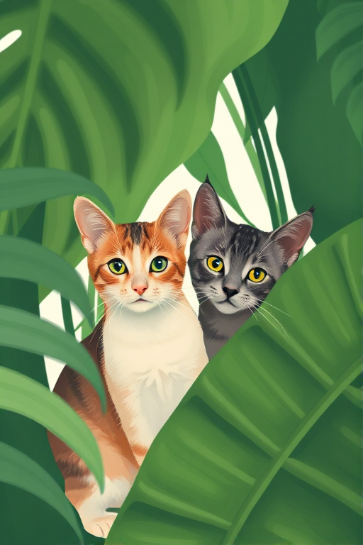 generate an abstract illustration of cats partially obscured by large green tropical leaves with a minimalist design, using a Canon EOS R5 with a 50mm lens, aperture f/2.8, shutter speed 1/125s, ISO 200, natural lighting, and a depth of field effect to enhance the visual appeal