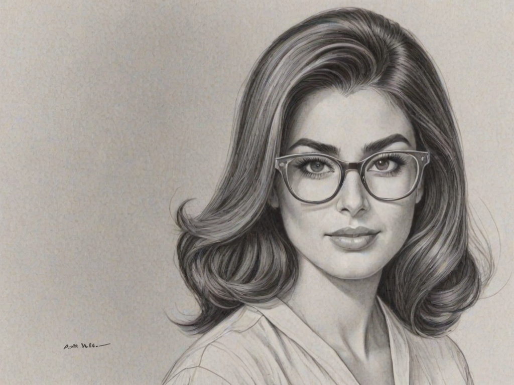 Alluring Ada Nicodemou, pencil sketch, portrait of Beauteous woman 1958s in glasses, hair style beatnik, outline, clear lines, fine lines, 8k