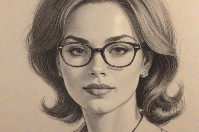 Splendid Dominique Jackson, pencil sketch, portrait of Delightful woman 1962s in glasses, hair style beatnik, outline, clear lines, fine lines, 8k