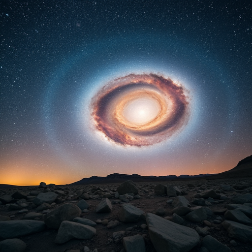 Create a high-resolution cosmic landscape featuring a swirling galaxy against a backdrop of stars, with rocky terrain in the foreground, captured with a DSLR camera, 24mm focal length, f/2.8 aperture, ISO 100, 30 seconds exposure, using long exposure photography techniques for enhanced detail and vibrant colors.